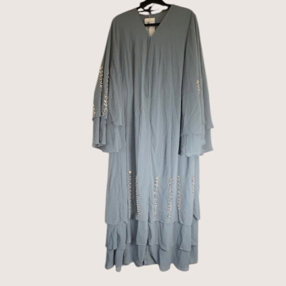 Amor Abaya Dark Dusty Blue Tiered Ruffle Maxi Dress Gold Leaf Embroidery Size 54